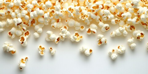Freshly popped popcorn scattered on a white surface, perfect for movie nights and snacking occasions