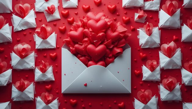 Red Hearts Overflowing from White Envelope on Red Background