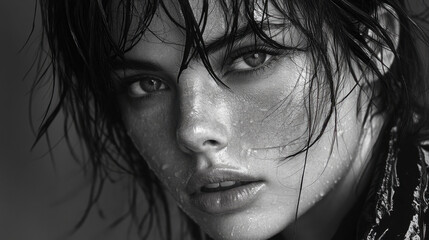 Fototapeta premium A striking black and white portrait of a woman with wet hair and captivating eyes, exuding a sense of mystery and emotion.