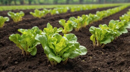 Obraz premium Growing Lettuce Plants in Rows on a Lush Green Farm Field