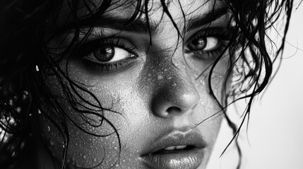 Fototapeta premium A close-up portrait of a woman with wet, curly hair and glistening skin, conveying an intense and captivating expression in black and white.