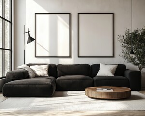 modern minimalist living room mock up poster frame Scandinavian interior design 3D render illustration