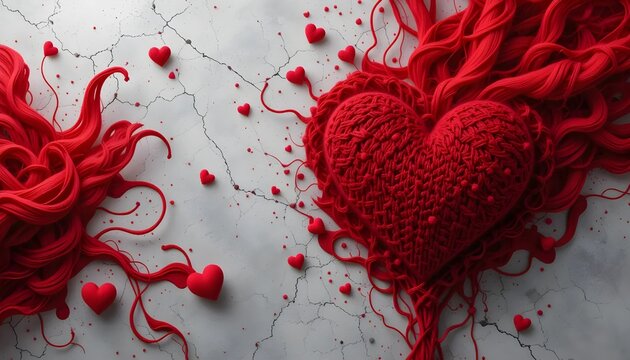 Red Knitted Heart with Yarn on Gray Background