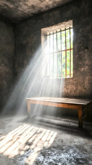 Sunbeams illuminate a small barred window in a stark concrete room A simple wooden bench sits in the light