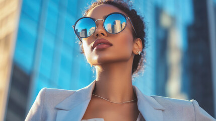 A stylish woman wearing sunglasses stands confidently against a backdrop of modern buildings, exuding urban chic and sophistication.