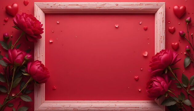 Romantic Red Roses and Hearts Surround White Frame on Red Background