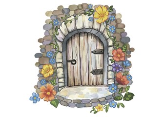 Fairytale wooden door surrounded by colorful flowers. Cute image on white background for printing postcards, notepads and printing on children's products. Wooden door on a stone wall. Cartoon style.
