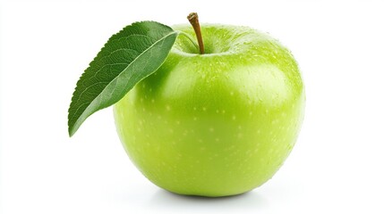 Single Green Apple with Leaf on White Background