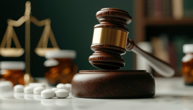 Gavel, scales, and medication on table