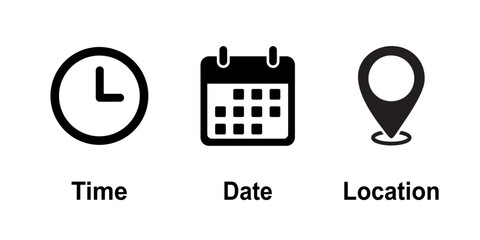Time, date and location icon, address set. Calendar, clock, location. Linear contour illustration. Vector illustration on white background