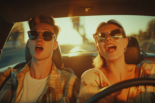 Happy young couple singing joyfully in a convertible car during a sunny summer road trip adventure