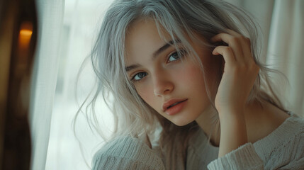 Portrait of a young woman with beautiful silver hair near window girl grey face eyes soft model style