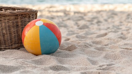 Obraz premium Colorful Beach Ball and Basket on Sandy Beach Scene