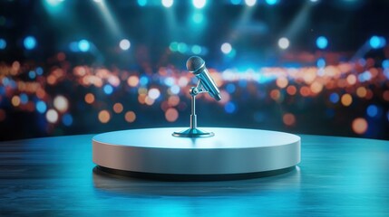 Podium with Microphone Under Colorful Stage Lights at Night