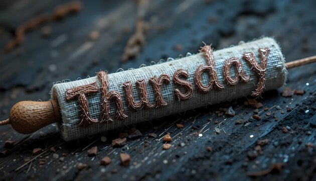 Thursday Spelled on Fabric Scroll on Dark Wooden Surface