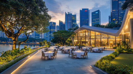 Obraz premium An outdoor venue positioned in front of a contemporary city building, providing an open and modern space