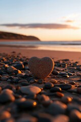 Fototapeta premium Heart-shaped stone on beach at sunrise