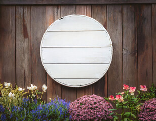 Blank white rustic wooden circle garden sign with floral foreground. Empty rustic wood board on wooden fence with flowers. Mockup for home, garden, and business display.