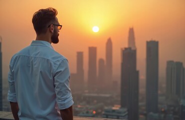 Plakat Bearded man in shirt stands on rooftop looking over Dubai skyline during sunset. Cityscape features skyscrapers, urban architecture. Back view of male enjoying horizon. Golden light illuminates