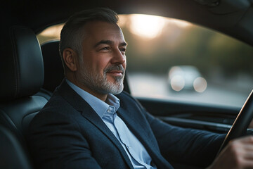 Confident mature man driving luxury car sunset view road suit gray hair calm happy style beard travel