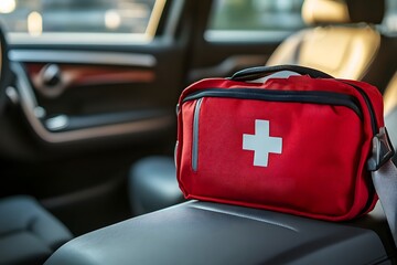 red first aid kit in a car.