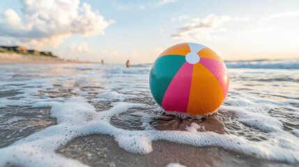Obraz premium Colorful Beach Ball Drifting on Shore During Dramatic Sunset View