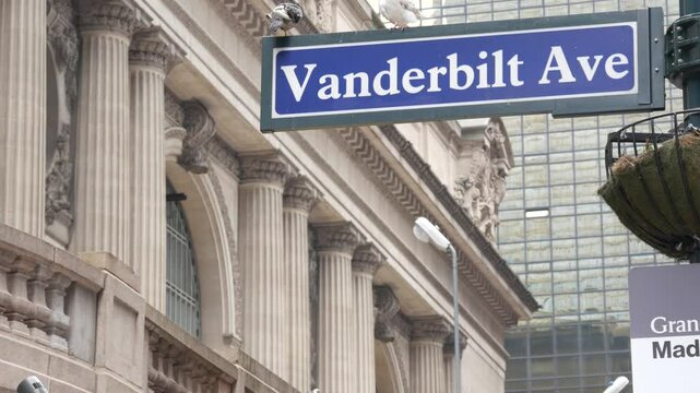New York City Grand Central Terminal, Vanderbilt intersection road sign. 42 street corner, Park Avenue, Pershing Square architecture. Midtown district railroad hub, railway transport. NYC crossroad.