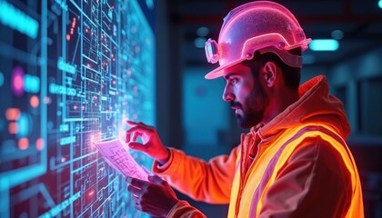 Construction worker analyzes digital blueprint on glowing screen. Man wears safety gear, hard hat in futuristic workspace. Engineer works with neon tech interface, cyber inspection, augment control.