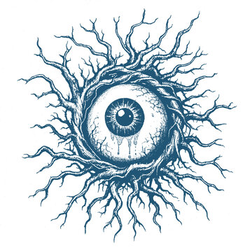 A black and white line art illustration of an eyeball wrapped in thorny roots. A dark and eerie artwork, perfect for metal band merchandise, gothic designs, and horror themes