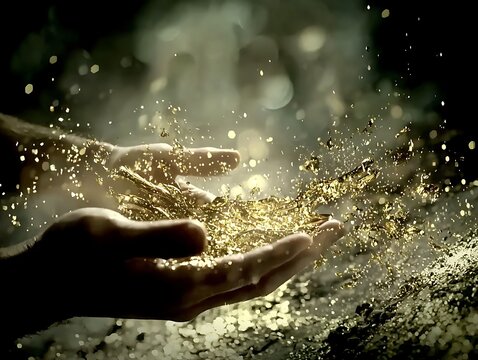 Sparkling gold dust in hands nature scene visual art mystical atmosphere close-up abundance concept