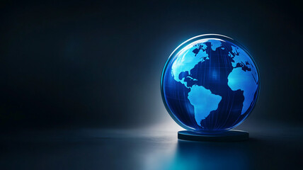 vibrant blue holographic globe illuminated against dark background, showcasing digital continents and modern design