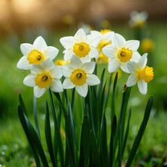 Obraz premium Narcissus buds in grass under soft diffused light, capturing spring's essence.. Generated AI
