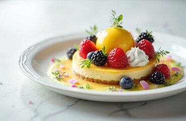 Fine dining dessert on white plate. Cheesecake pastry glazed with yellow sauce, decorated with fresh berries, cream, herbs. Gourmet french cuisine treat isolated for culinary art.