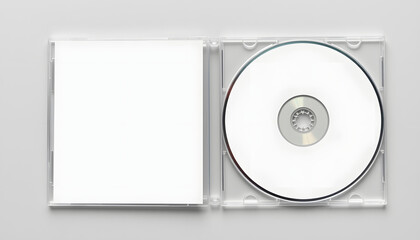Closed compact plastic disc box case with white isolated blank for branding design. CD jewel mock-up on soft gray background. White tone