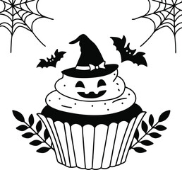 Halloween Cupcake With Witch Hat, Spider Webs, and Bats Illustration