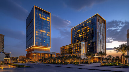 Riyadh, Saudi Arabia â€“ July 12, 2023: The King Abdullah Financial District (KAFD) buildings illuminated in blue hour lighting