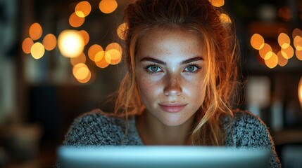 Fototapeta premium Young Entrepreneur Focused on Laptop, Working Late at Home with Warm Lights Behind