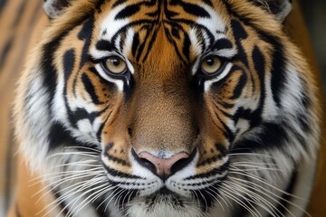 Naklejka premium Close-up portrait of a tiger gazing directly at the camera with detailed fur and a blurred background