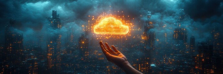 Futuristic Cityscape with Cloud-Based Digital Interface and Technology Innovation Symbols