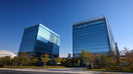 Tall office buildings with reflective glass facades stand against a bright blue sky