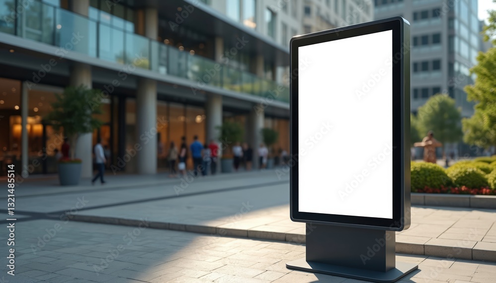 Poster digital signage screen stands on sidewalk with blurred street. modern customizable billboard for urb
