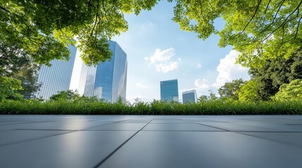 A city skyline with a park in the background