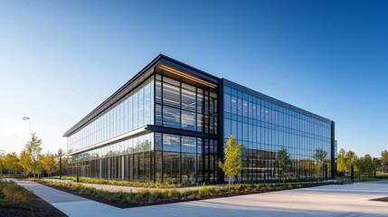The exterior of a modern office building with a transparent glass facade, set against a clear sky, exemplifying European commercial architecture