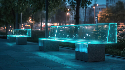 Modern illuminated benches in a city park at night, featuring a sleek design with glowing elements that enhance the urban landscape.