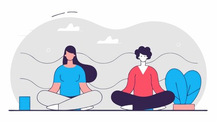 Two individuals meditate peacefully, surrounded by gentle waves and foliage, promoting mindfulness and relaxation in a serene environment.