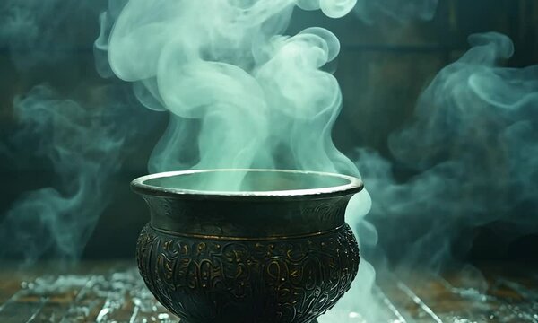 Mystical cauldron emitting swirling smoke on a rustic wooden table, creating an enchanting atmosphere