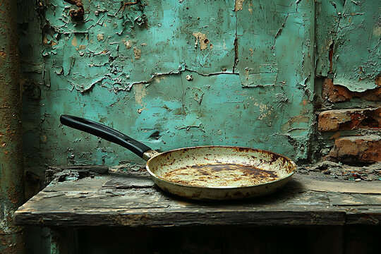 Rustic old frying pan rests on a weathered wooden surface against a peeling teal wall.  A poignant image of forgotten memories, loss, or the passage of time.