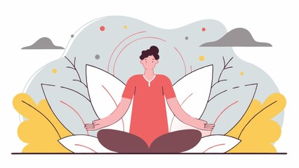 A serene illustration of a person meditating amidst stylized leaves and clouds, symbolizing tranquility and mindfulness.