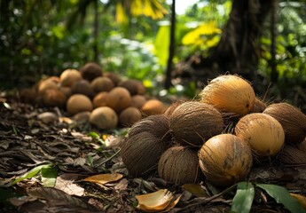 Spiky Brown Fruits on Forest Floor in Dappled Sunlight