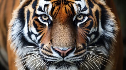 Fototapeta premium Close up of a tiger gazing directly at the camera with detailed fur textures and a blurred background in a natural setting